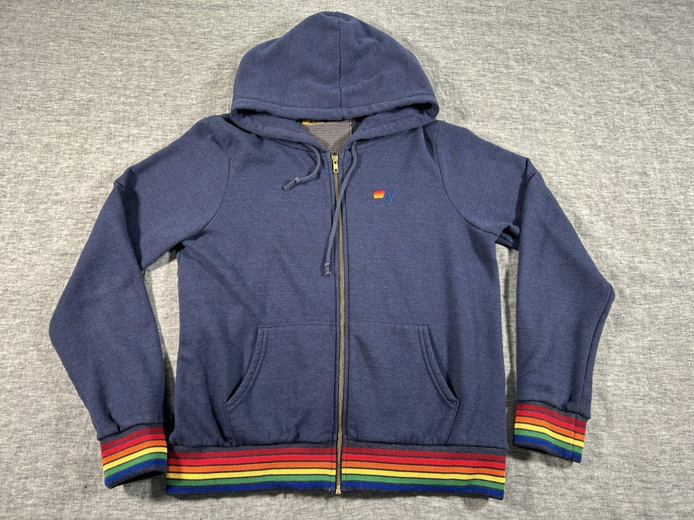 Aviator Nation Hoodie Full Zip Sweatshirt Womens Large Navy Blue Rainbow Trim